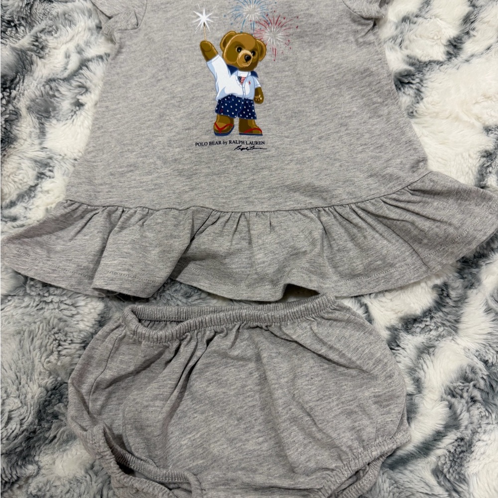 Ralph Lauren Gray Diaper Cover Set with Bear Design